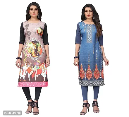 PREMVATI FASHION Women's Crepe Digital Print Straight Kurta(Pack of 2) (S, CreamBluegrey)