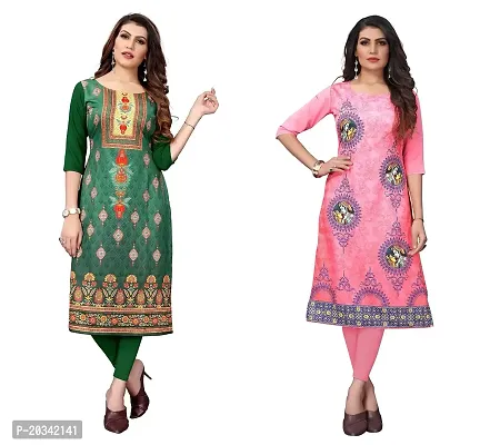 PREMVATI FASHION Women's Crepe Digital Print Straight Kurta(Pack of 2) (XL, GreenTOMATOPINK)