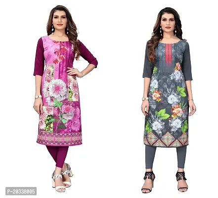 PREMVATI FASHION Women's Crepe Digital Print Straight Kurta(Pack of 2) (M, PURPELLIGHTGREY)-thumb0