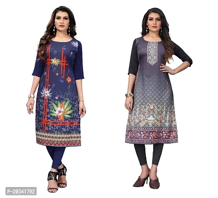 PREMVATI FASHION Women's Crepe Digital Print Straight Kurta(Pack 2) (S, DARKBLUESILVERBLACK)