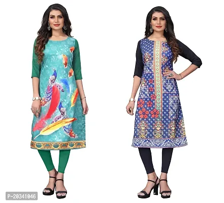 PREMVATI FASHION Women's Crepe Digital Print Straight Kurta(Pack of 2) (L, SPRINGGREENSTEEBLUE)-thumb0