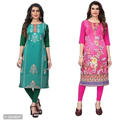 PREMVATI FASHION Women's Crepe Digital Print Straight Kurta(Pack 2) (M, SeagreenHOTPINK)