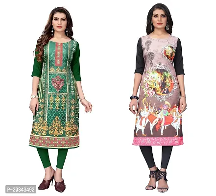 PREMVATI FASHION Women's Crepe Digital Print Straight Kurta(Pack of 2) (XL, ForestGreenCream)-thumb0