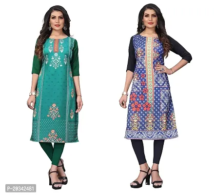 PREMVATI FASHION Women's Crepe Digital Print Straight Kurta(Pack of 2) (XL, DARKBLUECORALPINK)-thumb0