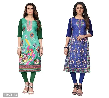 PREMVATI FASHION Women's Crepe Digital Print Straight Kurta(Pack of 2) (S, DarkGreenDODGEBLUE)-thumb0