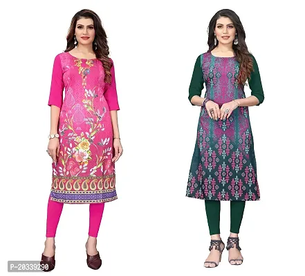 PREMVATI FASHION Women's Crepe Digital Print Straight Kurta(Pack of 2) (L, HOTPINKOliveGreen)-thumb0