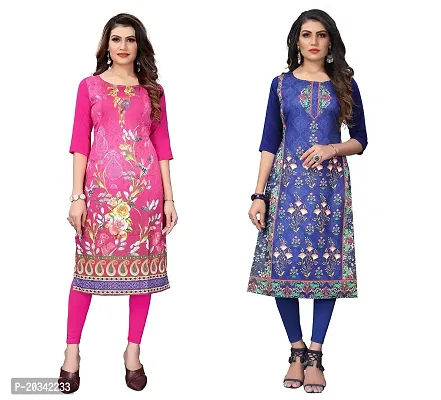 PREMVATI FASHION Women's Crepe Digital Print Straight Kurta(Pack of 2) (L, HOTPINKDODGEBLUE)