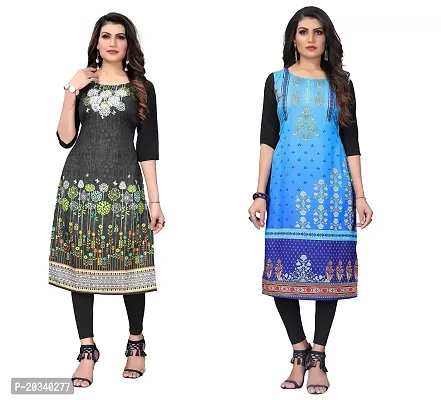 PREMVATI FASHION Women's Crepe Digital Print Straight Kurta(Pack of 2) (L, DARKBLACKBabyblue)