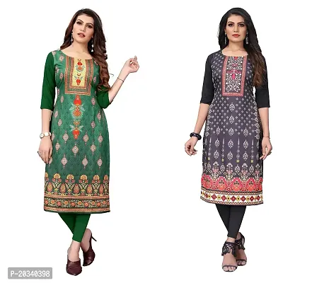 PREMVATI FASHION Women's Crepe Digital Print Straight Kurta(Pack of 2) (L, GreenREDBLACK)-thumb0