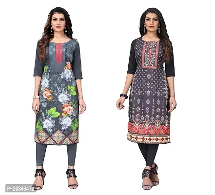 PREMVATI FASHION Women's Crepe Digital Print Straight Kurta(Pack of 2) (M, LIGHTGREYREDBLACK)