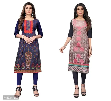 PREMVATI FASHION Women's Crepe Digital Print Straight Kurta(Pack of 2) (L, DARKBLUELIGHTSALMON)-thumb0