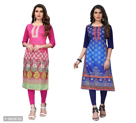 PREMVATI FASHION Women's Crepe Digital Print Straight Kurta(Pack of 2) (XXL, PinkNAVYBLUE)-thumb0