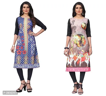 PREMVATI FASHION Women's Crepe Digital Print Straight Kurta(Pack of 2) (XL, STEEBLUECream)-thumb0