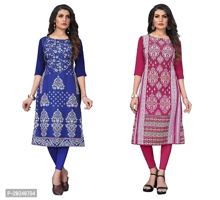 PREMVATI FASHION Women's Crepe Digital Print Straight Kurta(Pack of 2) (S, BLUEVIOLOTDEEPPINK)-thumb0