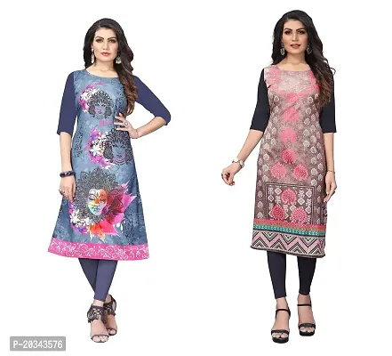 PREMVATI FASHION Women's Crepe Digital Print Straight Kurta(Pack of 2) (S, SLATEGREYLIGHTSALMON)