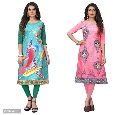 PREMVATI FASHION Women's Crepe Digital Print Straight Kurta(Pack of 2) (S, SPRINGGREENTOMATOPINK)