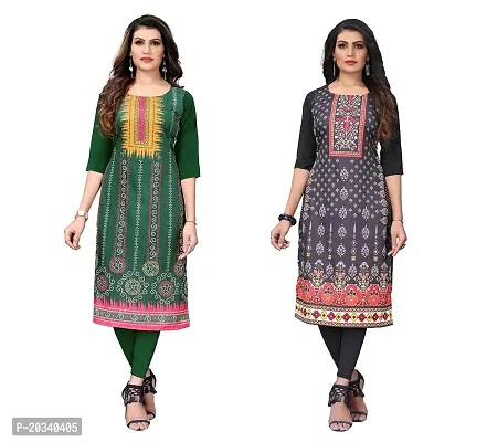 PREMVATI FASHION Women's Crepe Digital Print Straight Kurta(Pack of 2) (S, LightGreenREDBLACK)-thumb0