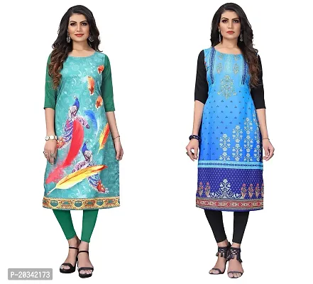 PREMVATI FASHION Women's Crepe Digital Print Straight Kurta(Pack of 2) (XXL, SPRINGGREENBabyblue)-thumb0