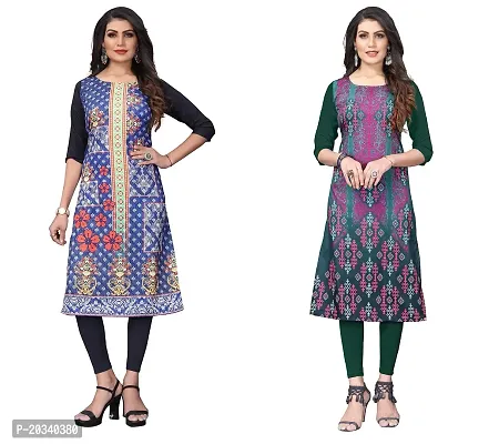 PREMVATI FASHION Women's Crepe Digital Print Straight Kurta(Pack of 2) (XL, STEEBLUEOliveGreen)-thumb0