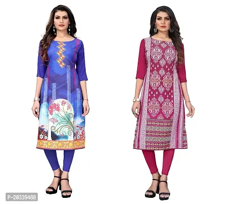 PREMVATI FASHION Women's Crepe Digital Print Straight Kurta(Pack of 2) (L, Blue  DEEP Pink)-thumb0