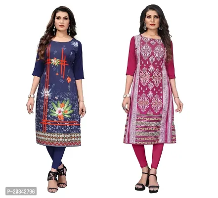 PREMVATI FASHION Women's Crepe Digital Print Straight Kurta(Pack 2) (XXL, DARKBLUEDEEPPINK)-thumb0