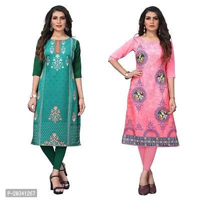 PREMVATI FASHION Women's Crepe Digital Print Straight Kurta(Pack of 2) (L, SeagreenTOMATOPINK)