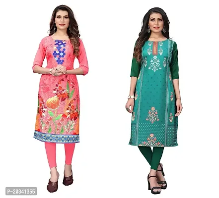 PREMVATI FASHION Women's Crepe Digital Print Straight Kurta(Pack of 2) (L, PeachSeagreen)