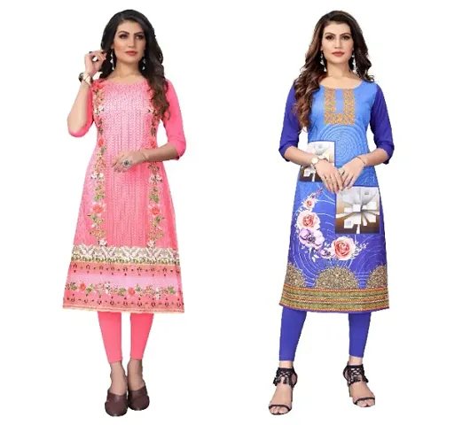 SANSKRUTI FASHION Women's Crepe Digital Print Straight Kurta(Pack of 2) (XXL, PeachBlue)