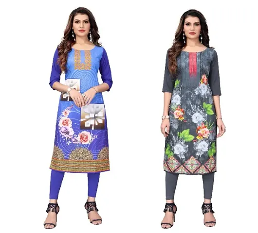 GROWMORE Women's Crepe Digital Print Straight Kurta(Pack of 2) (L, Light Grey)