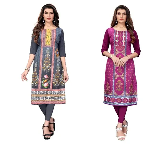 Stylish Crepe Straight Digital Printed Kurta - Pack of 2