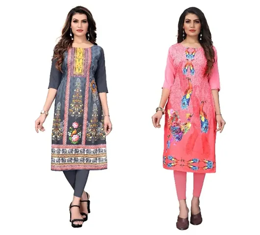 GROWMORE Women's Crepe Digital Print Straight Kurta(Pack of 2) (M, Pink)