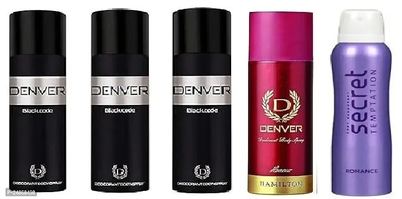 DENVER BLACK CODE 50ML 3PICS  HONOUR 50ML-SECRET ROMANCE 50ML- Deodorant Spray - For Men   ( 250ML) PACK OF 5