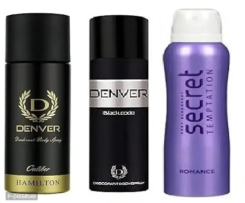 DENVER CALIBER 50ML  BLACK CODE 50ML -SECRET ROMANCE 50ML- Deodorant Spray - For Men  ( 150ML) PACK OF 3