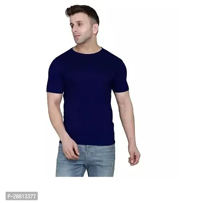 Trendy Cotton Navy Blue Solid Round Neck Short Sleeve T-shirt For Men-thumb0