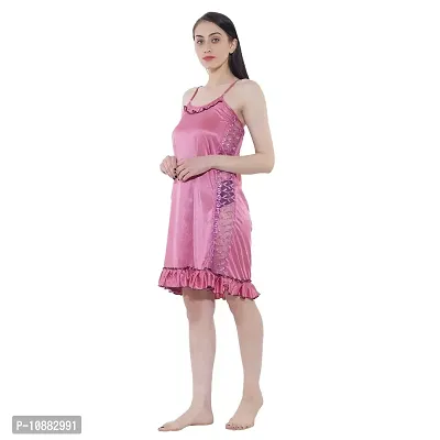 NIGHT GIRL Women's Satin Solid Midi Short Nighty Nightdress Size (Free) (Free Size, Pink)-thumb4