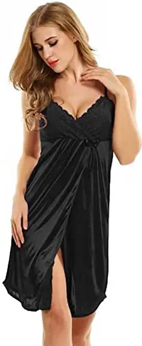 NIGHT GIRL Women Solid Babydoll Nightdress/Nightwear Short Nighty - Free Size (Free Size, Black)