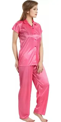 NIGHT GIRL Women's Plain Satin Night Suit (Shirt and Pyjama) (Free Size, Pink)-thumb3