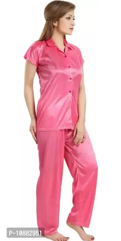 NIGHT GIRL Women's Plain Satin Night Suit (Shirt and Pyjama) (Free Size, Pink)-thumb4