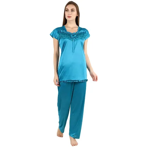 Women's Synthetic Solid Night Wear Top with Pajama (Color-NVY Blue, Size L)