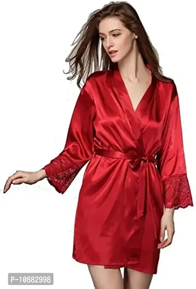 NIGHT GIRL Women Satin Plain Robe with Lacework Nightwear Nightdress Robe (Free Size) (Free Size, Red)