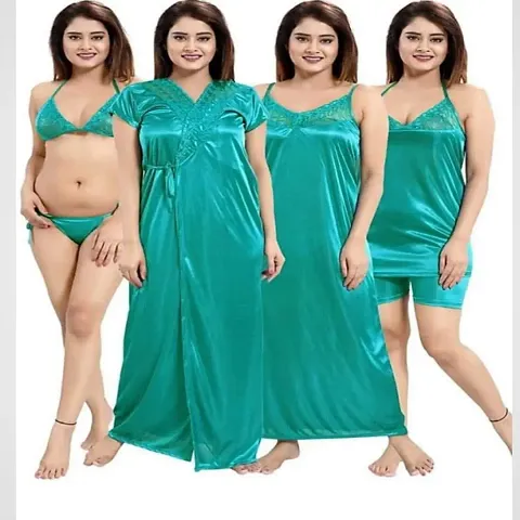 Siami Apparels Solid Satin Piece Nightwear Set (1 Robe, 1 Nighty, 1 Top, 1 Shorts, 1 Lingerie Set) for Women | Comfy Stylish (Free Size, Rani)