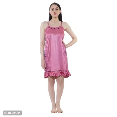 NIGHT GIRL Women's Satin Solid Midi Short Nighty Nightdress Size (Free) (Free Size, Pink)-thumb0