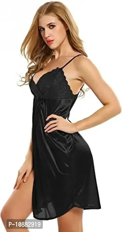 NIGHT GIRL Women Solid Babydoll Nightdress/Nightwear Short Nighty - Free Size (Free Size, Black)-thumb3