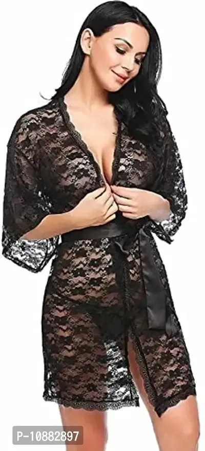 NIGHT GIRL Womens Babydoll Lace Net Robe Lingerie Nightwear Dress Bath Robe (Free Size, Black)