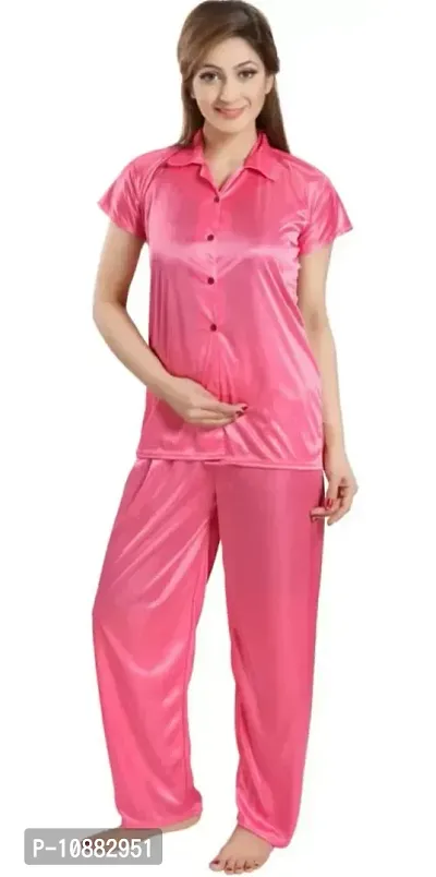 NIGHT GIRL Women's Plain Satin Night Suit (Shirt and Pyjama) (Free Size, Pink)-thumb0