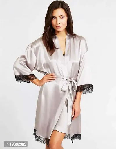 NIGHT GIRL Women Satin Plain Robe with Lacework Nightwear Nightdress Robe (Free Size) (Free Size, Grey)