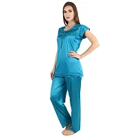 Women's Synthetic Solid Night Wear Top with Pajama (Color-NVY Blue, Size L)-thumb2