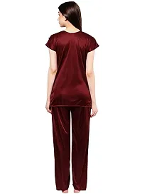 NIGHT GIRL Women's Satin Plain/Solid Night Suit Set Pack of 2 (XL, Maroon and Pink)-thumb1