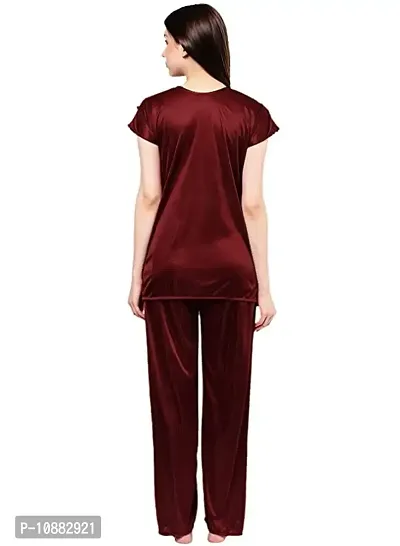 NIGHT GIRL Women's Satin Plain/Solid Night Suit Set Pack of 2 (XL, Maroon and Pink)-thumb2