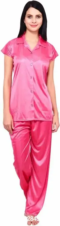 NIGHT GIRL Women's Plain Satin Night Suit (Shirt and Pyjama) (Color Options) (Free Size) (L, Pink)-thumb0